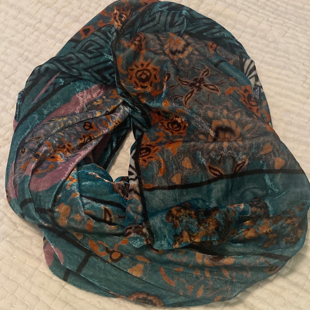 Teal Multicolor Patterned Velvet Infinity Scarf, … - image 3